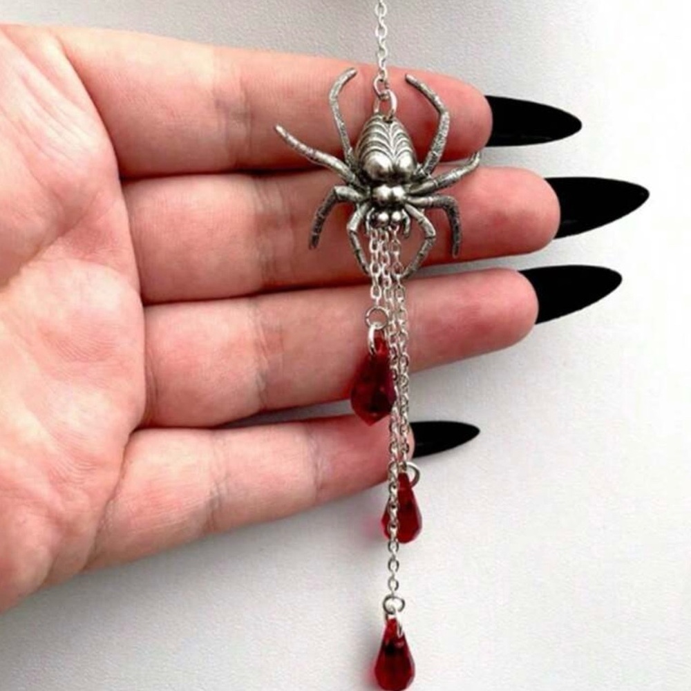 Gothic Spider Necklace with drop Red hanging jewels engraved detailing NWT - Picture 4 of 7